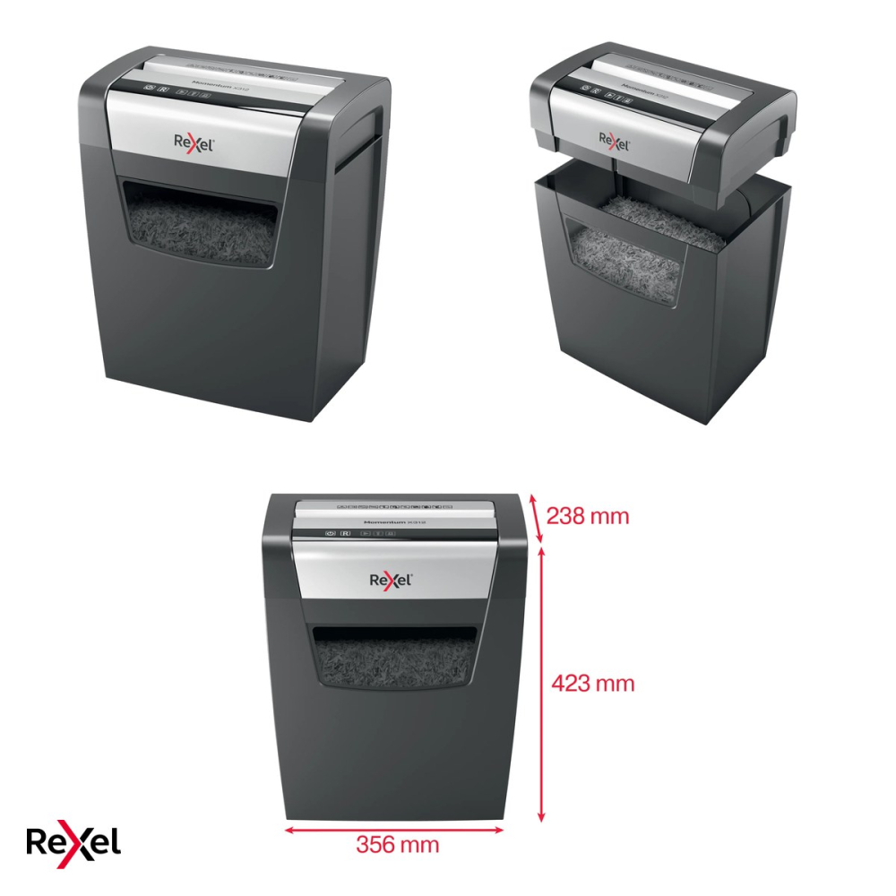 Distrugator de documente Rexel Momentum X312 cu alimentare manuala, taiere cross-cut P-3 in particule de 5x42 mm, 12 coli, cos de 23 l, anti-blocare, pentru acasa [4]