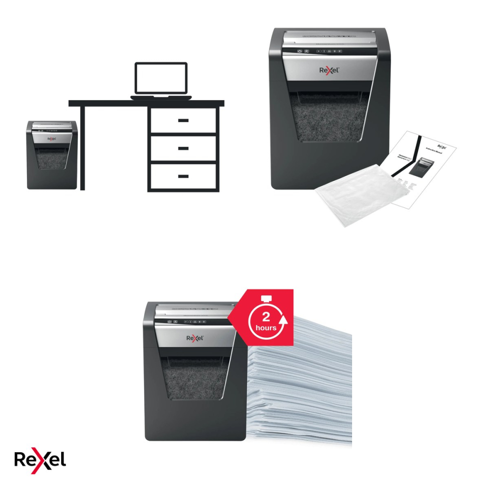 Distrugator de documente Rexel Momentum X415 cu alimentare manuala, taiere cross-cut P-4 in particule de 4x40 mm, 15 coli, cos de 23 l, anti-blocare, pentru birouri mici [6]