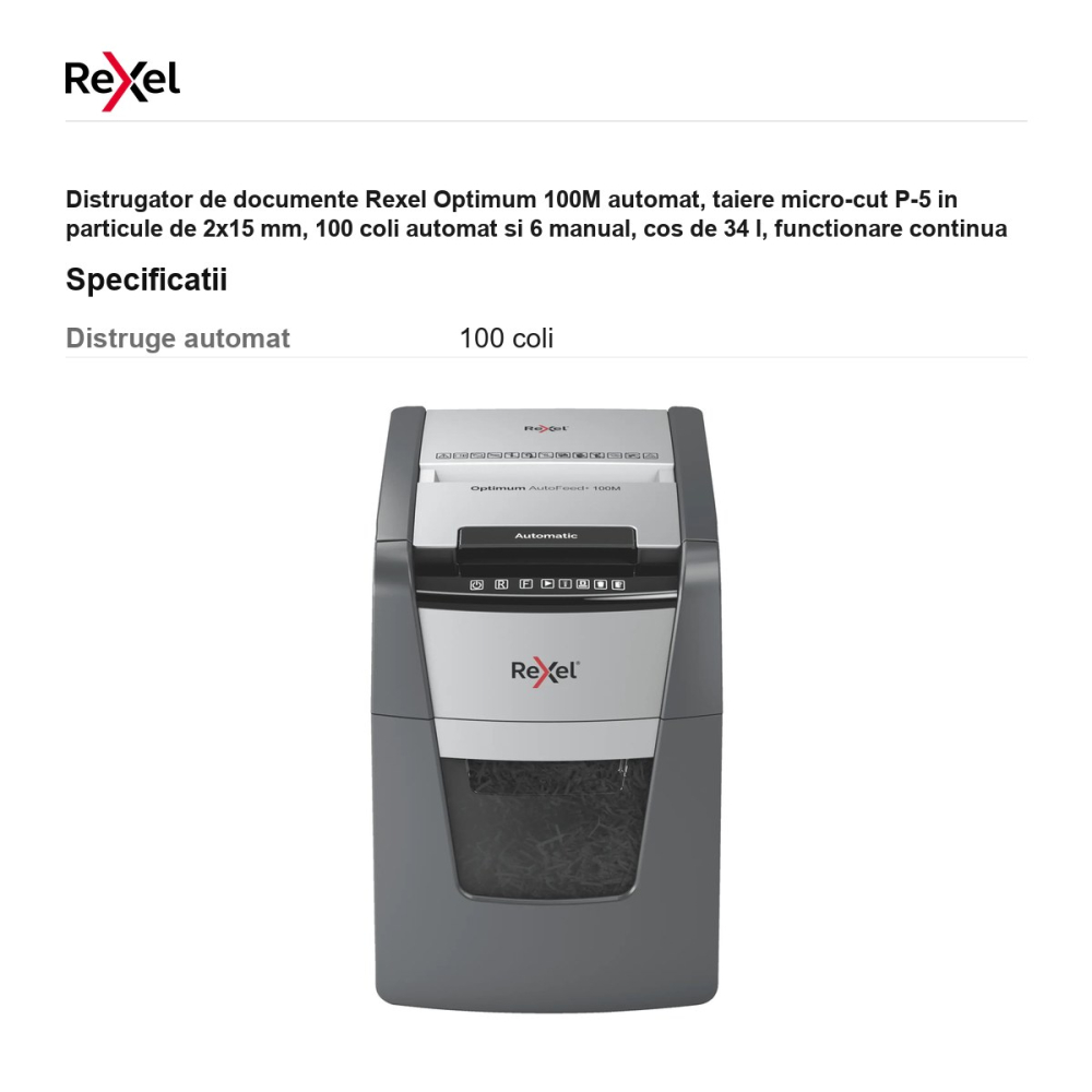 Distrugator de documente Rexel Optimum 100M automat, taiere micro-cut P-5 in particule de 2x15 mm, 100 coli automat si 6 manual, cos de 34 l, functionare continua 20 de minute [3]