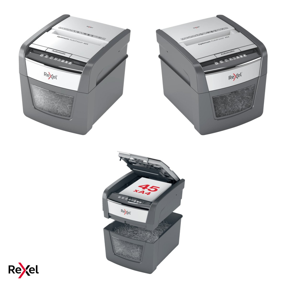 Distrugator de documente Rexel Optimum 45X automat, taiere cross-cut P-4 in particule de 4x28 mm, 45 coli automat si 6 manual, cos de 20 l, distruge capse, agrafe si carduri [5]