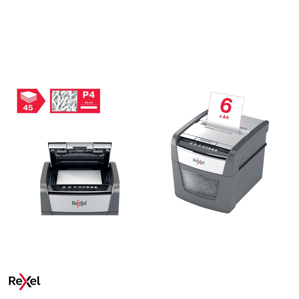 Distrugator de documente Rexel Optimum 45X automat, taiere cross-cut P-4 in particule de 4x28 mm, 45 coli automat si 6 manual, cos de 20 l, distruge capse, agrafe si carduri [6]