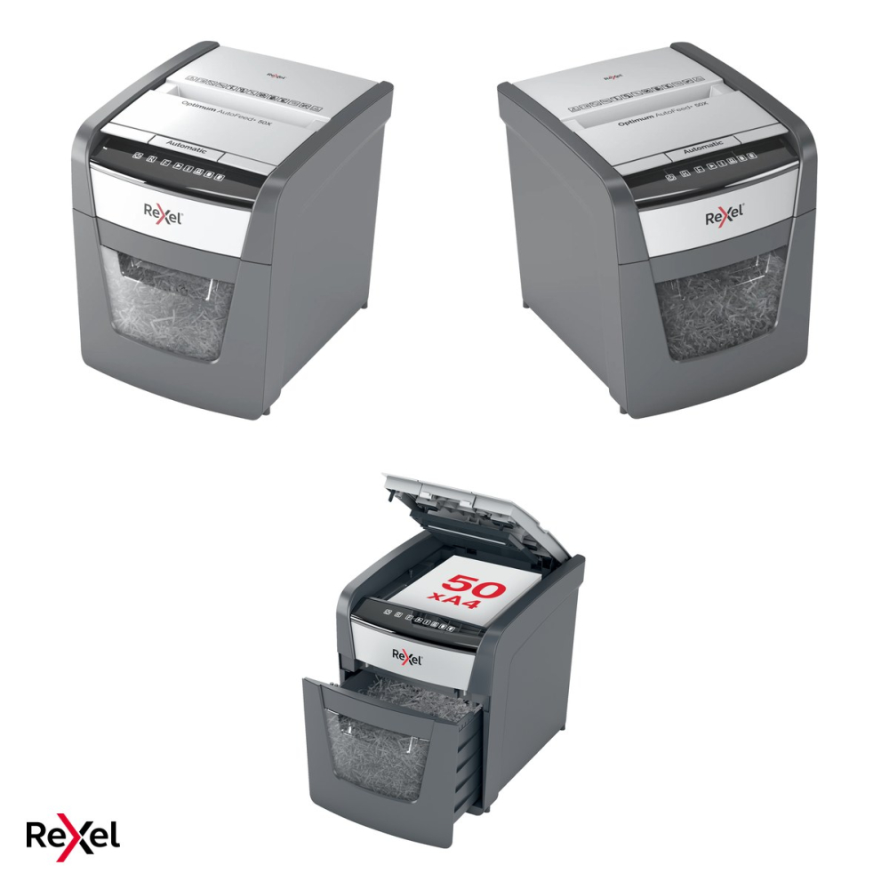 Distrugator de documente Rexel Optimum 50X automat, taiere cross-cut P-4 in particule de 4x28 mm, 50 coli automat si 6 manual, cos de 20 l, functionare continua 10 minute [5]