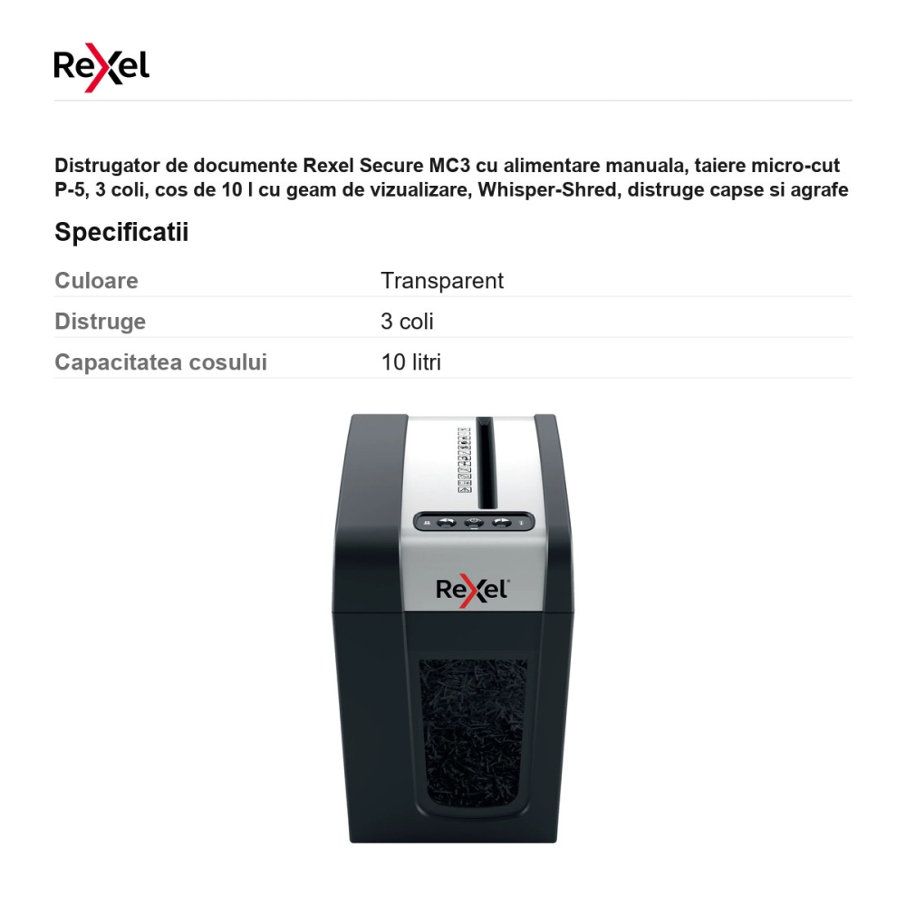 Distrugator de documente Rexel Secure MC3 cu alimentare manuala, taiere micro-cut P-5, 3 coli, cos de 10 l cu geam de vizualizare, Whisper-Shred, distruge capse si agrafe [3]