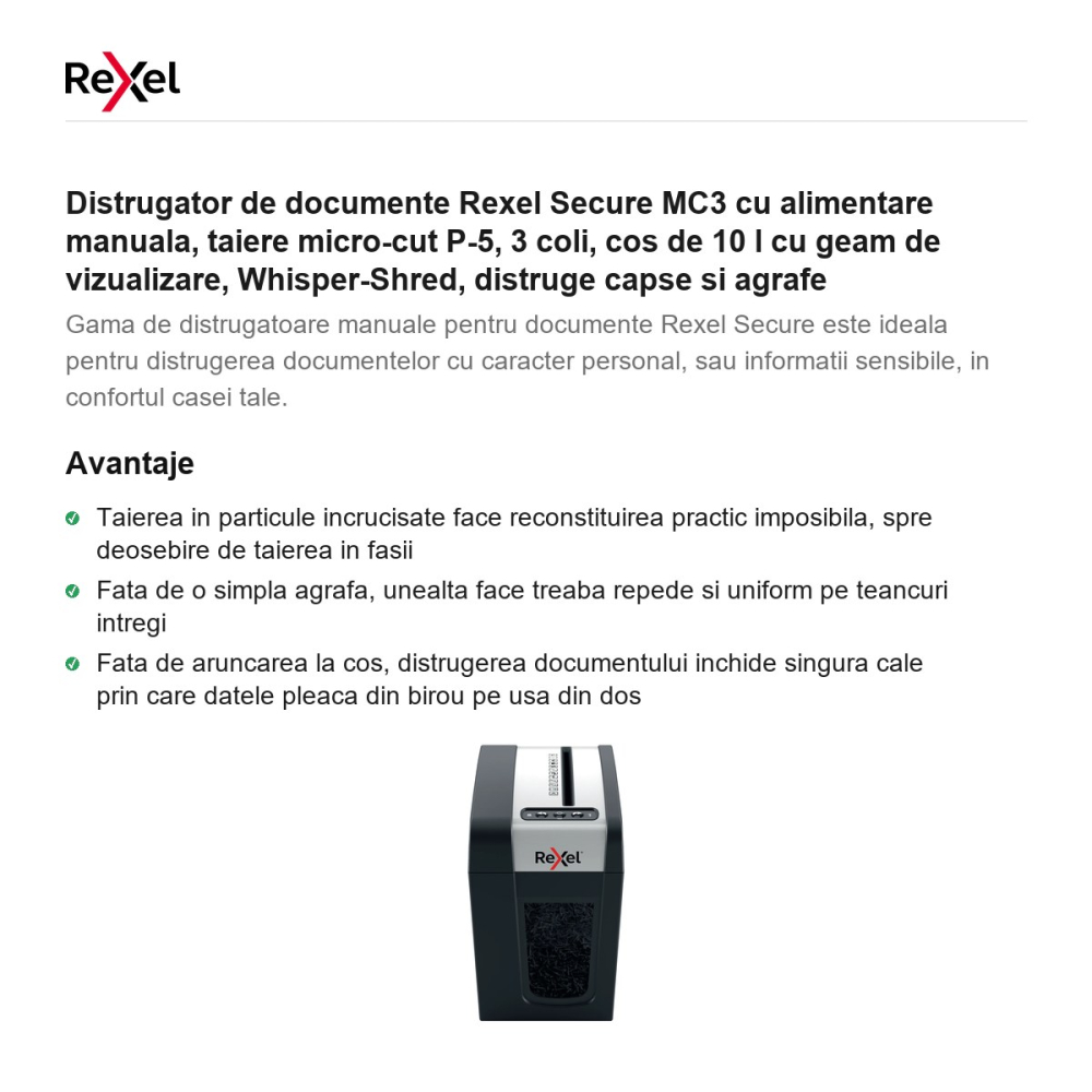 Distrugator de documente Rexel Secure MC3 cu alimentare manuala, taiere micro-cut P-5, 3 coli, cos de 10 l cu geam de vizualizare, Whisper-Shred, distruge capse si agrafe [2]