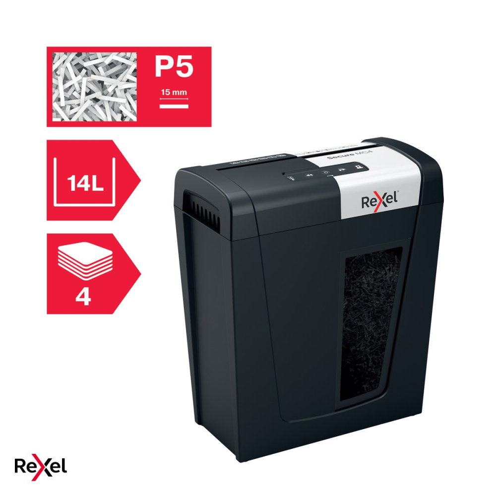Distrugator de documente Rexel Secure MC4 cu alimentare manuala, taiere micro-cut P-5, 4 coli, cos de 14 l cu geam de vizualizare, Whisper-Shred, distruge capse si agrafe [6]