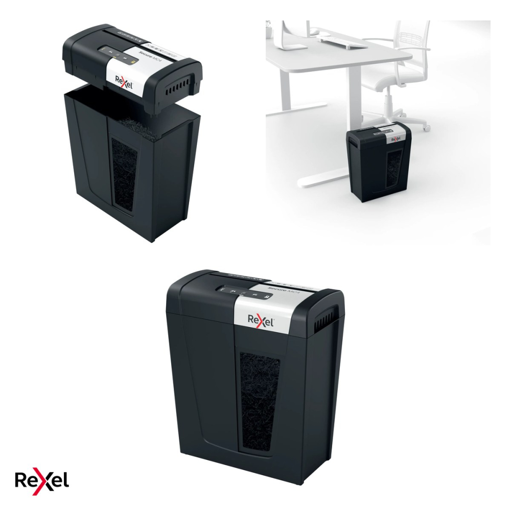 Distrugator de documente Rexel Secure MC4 cu alimentare manuala, taiere micro-cut P-5, 4 coli, cos de 14 l cu geam de vizualizare, Whisper-Shred, distruge capse si agrafe [4]