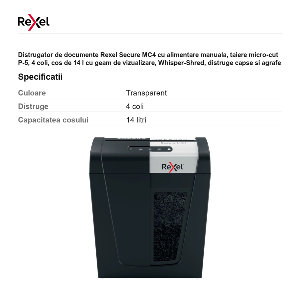 Distrugator de documente Rexel Secure MC4 cu alimentare manuala, taiere micro-cut P-5, 4 coli, cos de 14 l cu geam de vizualizare, Whisper-Shred, distruge capse si agrafe [3]
