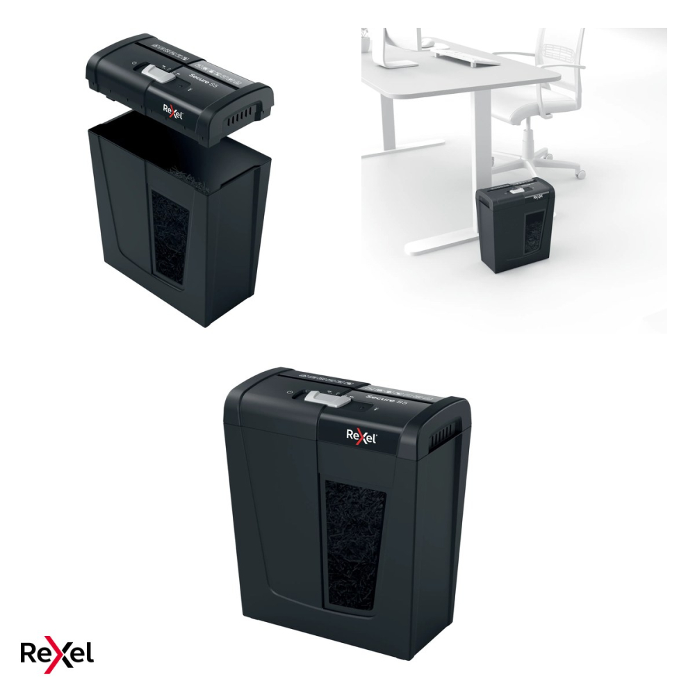 Distrugator de documente Rexel Secure S5 cu alimentare manuala, taiere strip-cut P-2, 5 coli, cos de 10 l cu geam de vizualizare, distruge capse si agrafe, sub 70 dBA [4]