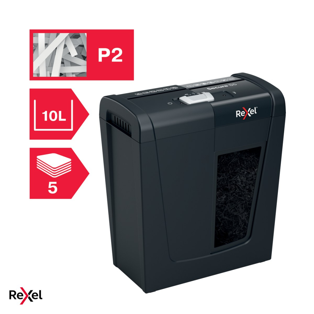 Distrugator de documente Rexel Secure S5 cu alimentare manuala, taiere strip-cut P-2, 5 coli, cos de 10 l cu geam de vizualizare, distruge capse si agrafe, sub 70 dBA [6]