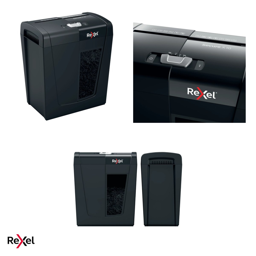 Distrugator de documente Rexel Secure X10 cu alimentare manuala, taiere cross-cut P-4, 10 coli, cos de 18 l cu geam de vizualizare, distruge capse si agrafe, functionare silentioasa [5]