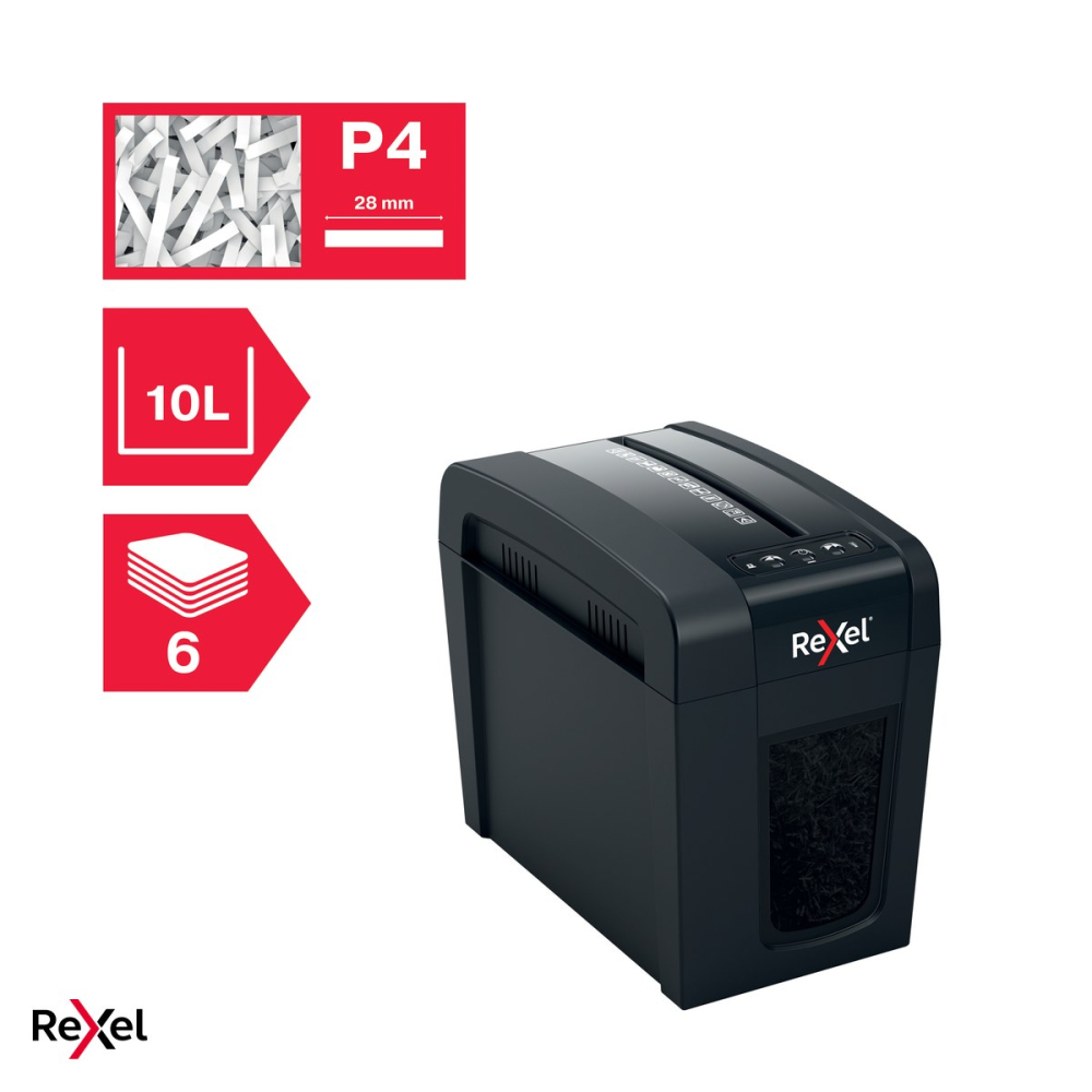 Distrugator de documente Rexel Secure X6 Slim cu alimentare manuala, taiere cross-cut P-4, 6 coli, cos de 10 l cu geam de vizualizare, Whisper-Shred, LED de supraincalzire [6]