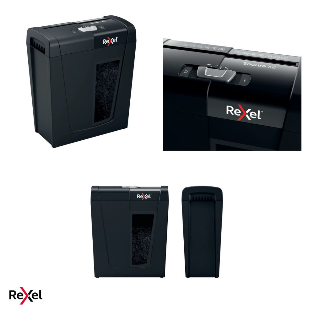 Distrugator de documente Rexel Secure X8 cu alimentare manuala, taiere cross-cut P-4, 8 coli, cos de 14 l cu geam de vizualizare, distruge capse si agrafe, functionare silentioasa [5]