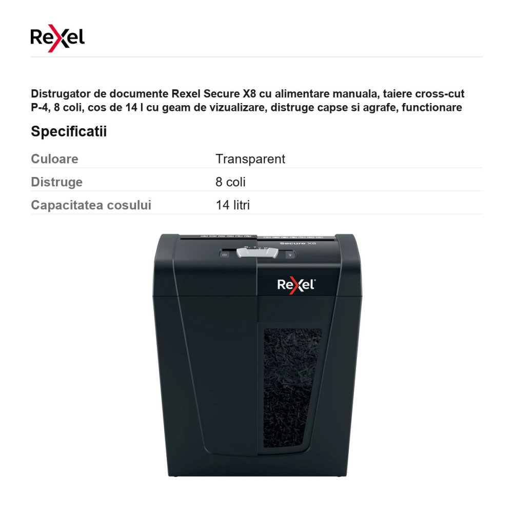 Distrugator de documente Rexel Secure X8 cu alimentare manuala, taiere cross-cut P-4, 8 coli, cos de 14 l cu geam de vizualizare, distruge capse si agrafe, functionare silentioasa [3]