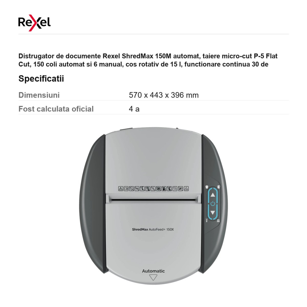Distrugator de documente Rexel ShredMax 150M automat, taiere micro-cut P-5 Flat Cut, 150 coli automat si 6 manual, cos rotativ de 15 l, functionare continua 30 de minute, 570x443x396 mm [3]