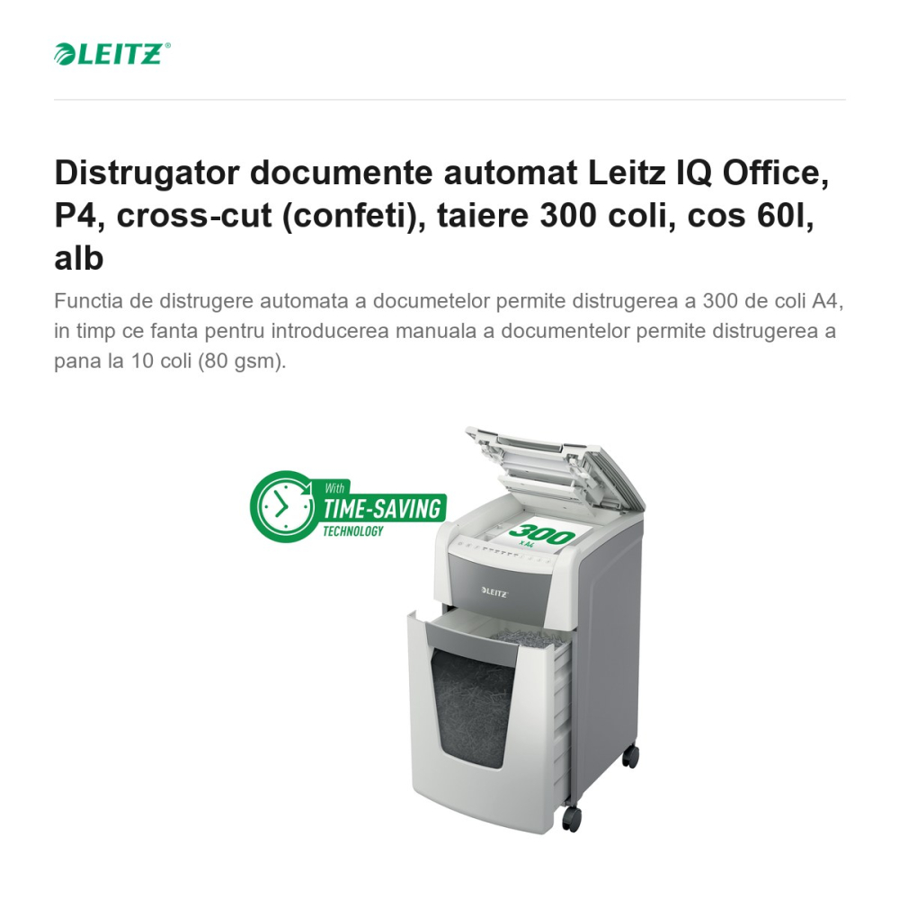 Distrugator documente automat Leitz IQ Office, P4, cross-cut (confeti), taiere 300 coli, cos 60l, alb [2]