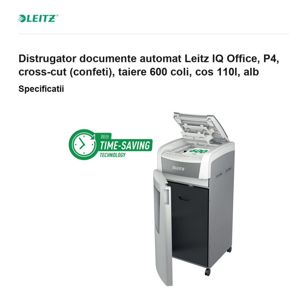 Distrugator documente automat Leitz IQ Office, P4, cross-cut (confeti), taiere 600 coli, cos 110l, alb [3]