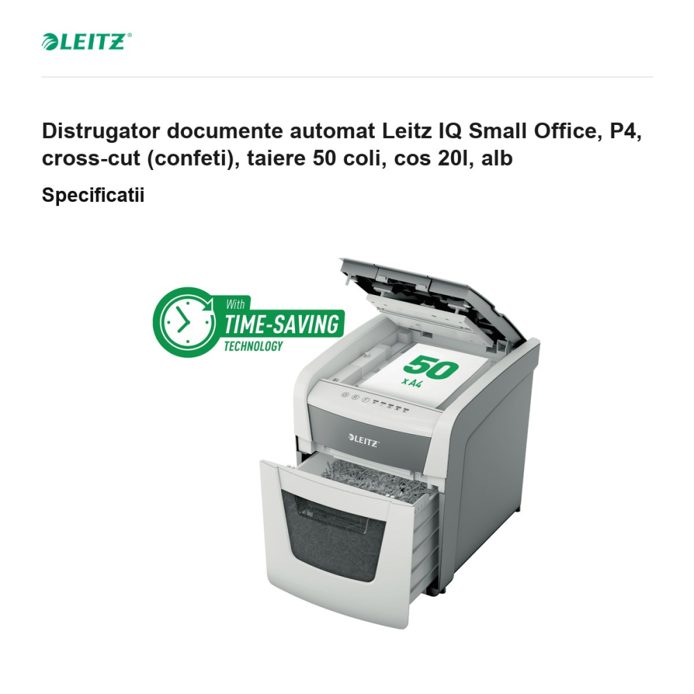 Distrugator documente automat Leitz IQ Small Office, P4, cross-cut (confeti), taiere 50 coli, cos 20l, alb [3]