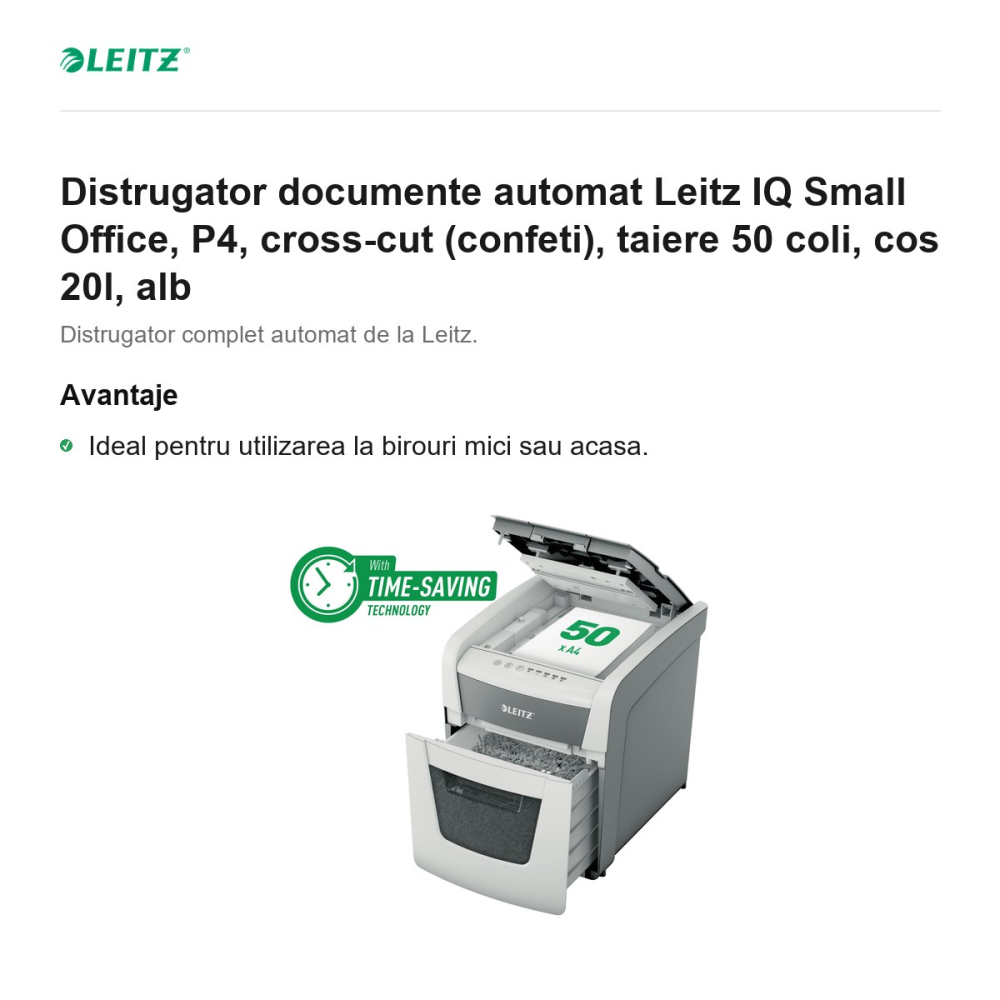 Distrugator documente automat Leitz IQ Small Office, P4, cross-cut (confeti), taiere 50 coli, cos 20l, alb [2]