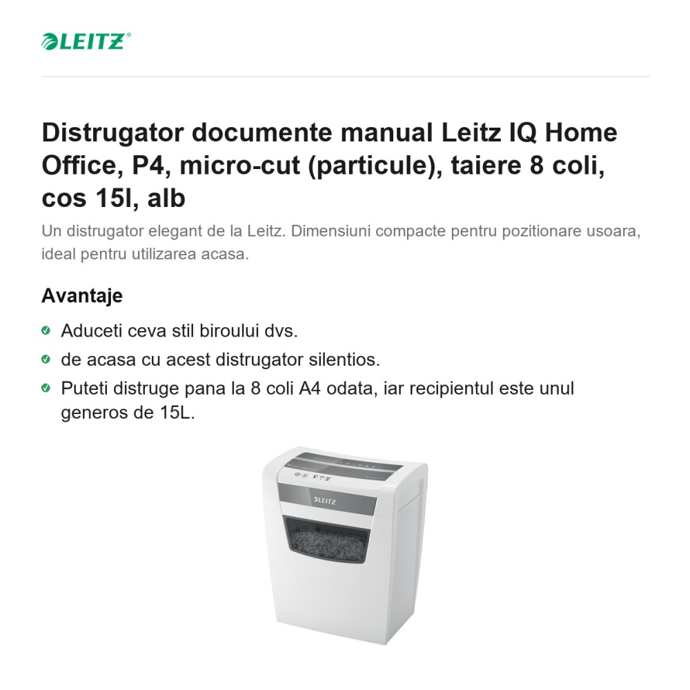 Distrugator documente manual Leitz IQ Home Office, P4, micro-cut (particule), taiere 8 coli, cos 15l, alb [2]