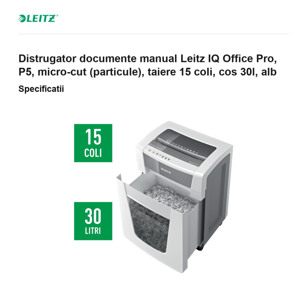 Distrugator documente manual Leitz IQ Office Pro, P5, micro-cut (particule), taiere 15 coli, cos 30l, alb [3]