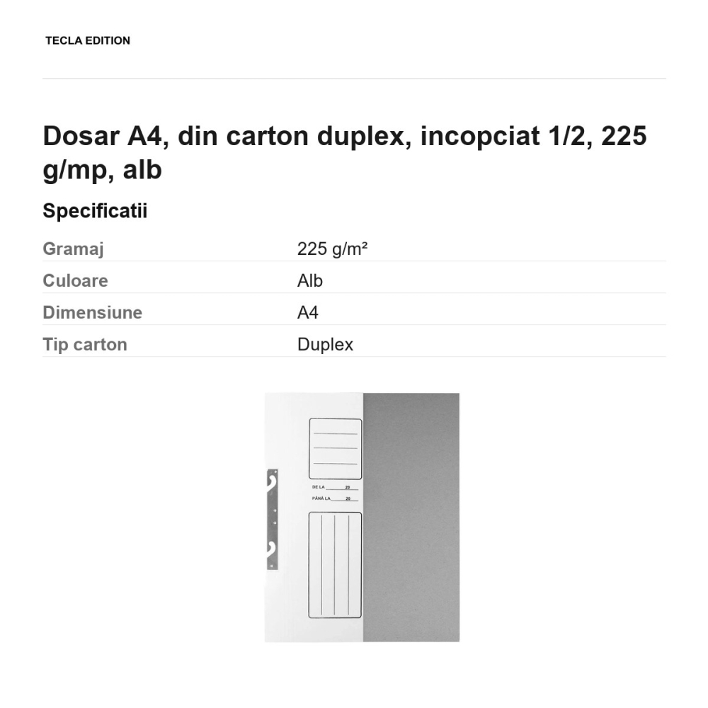 Dosar A4, din carton duplex, incopciat 1/2, 225 g/mp, alb [3]