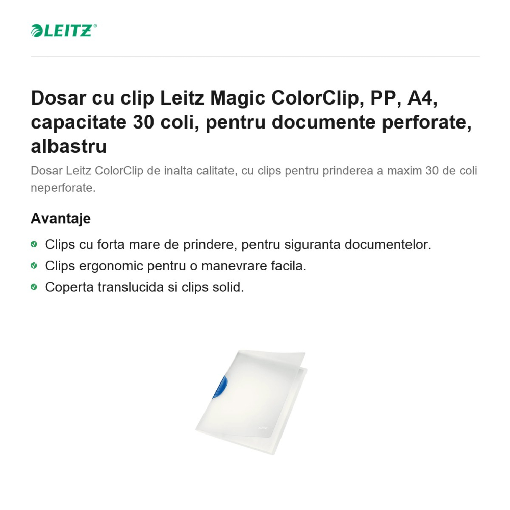 Dosar cu clip Leitz Magic ColorClip, PP, A4, capacitate 30 coli, pentru documente perforate, albastru [2]
