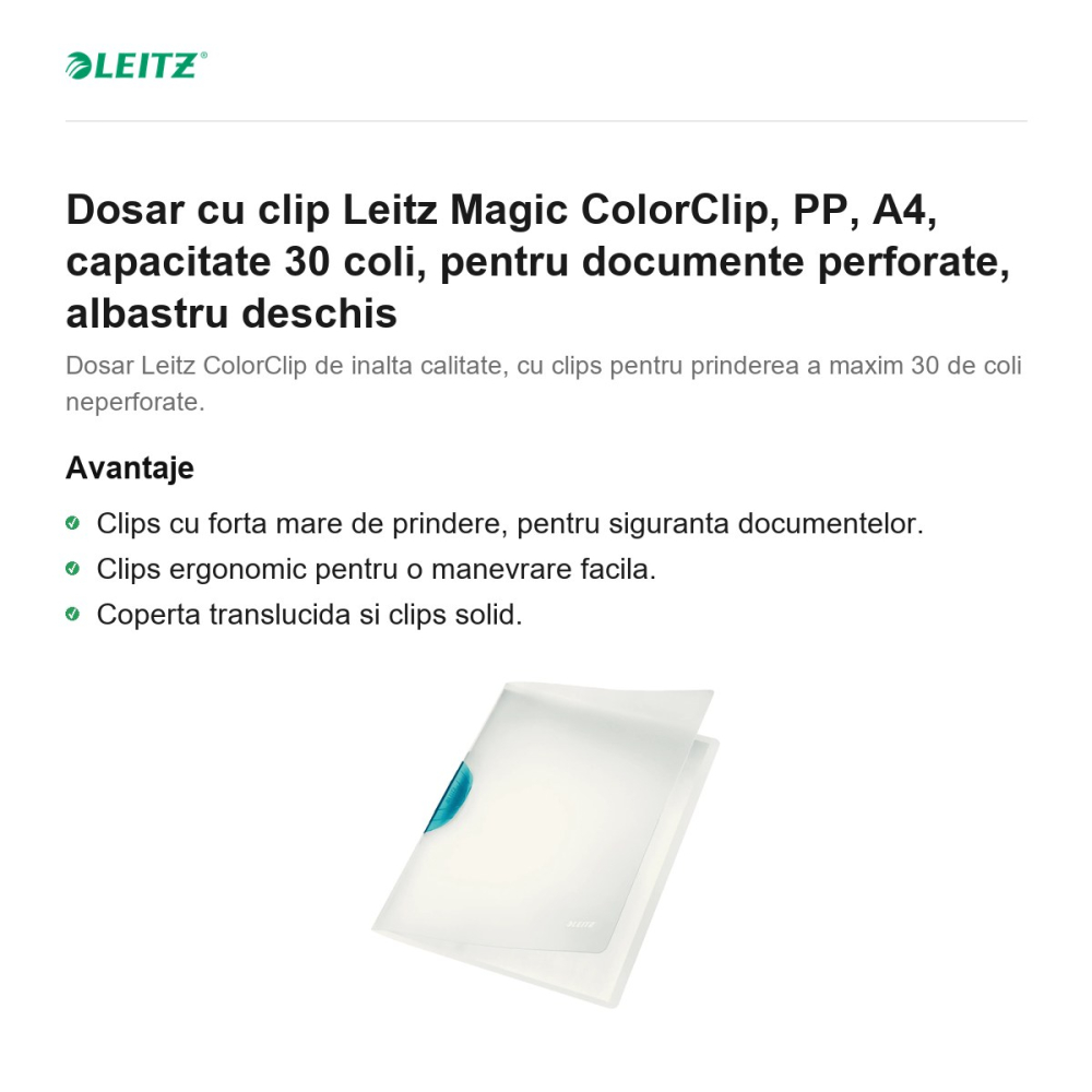 Dosar cu clip Leitz Magic ColorClip, PP, A4, capacitate 30 coli, pentru documente perforate, albastru deschis [2]