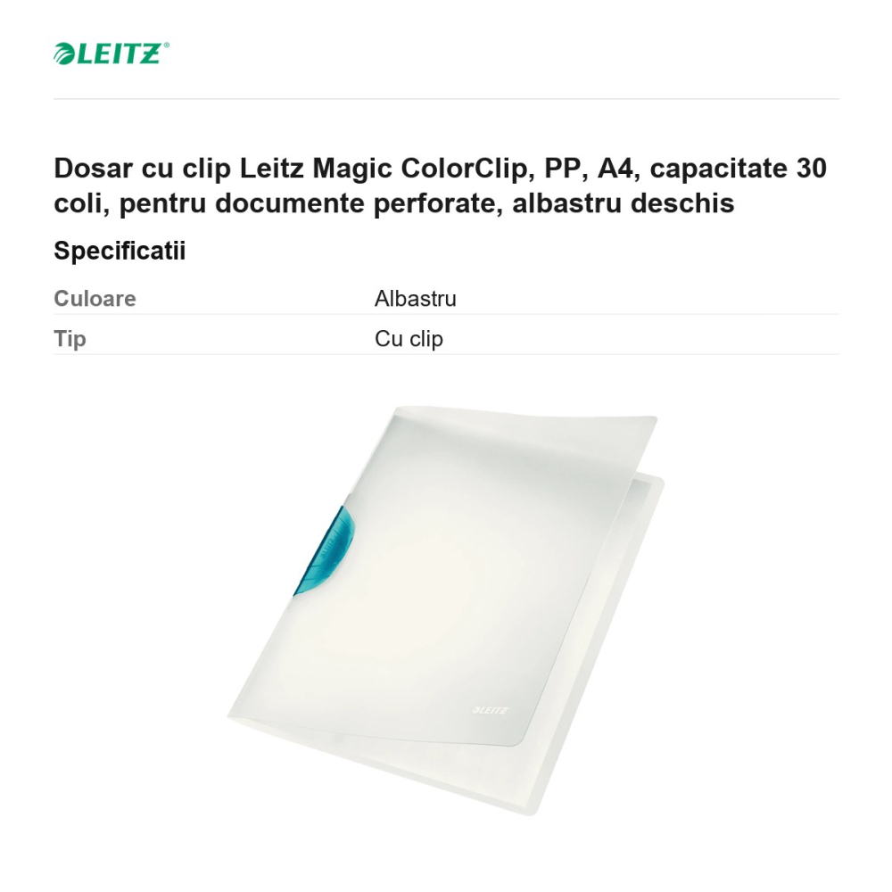 Dosar cu clip Leitz Magic ColorClip, PP, A4, capacitate 30 coli, pentru documente perforate, albastru deschis [3]