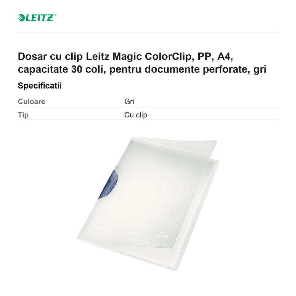 Dosar cu clip Leitz Magic ColorClip, PP, A4, capacitate 30 coli, pentru documente perforate, gri [3]