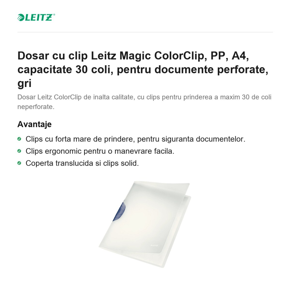 Dosar cu clip Leitz Magic ColorClip, PP, A4, capacitate 30 coli, pentru documente perforate, gri [2]