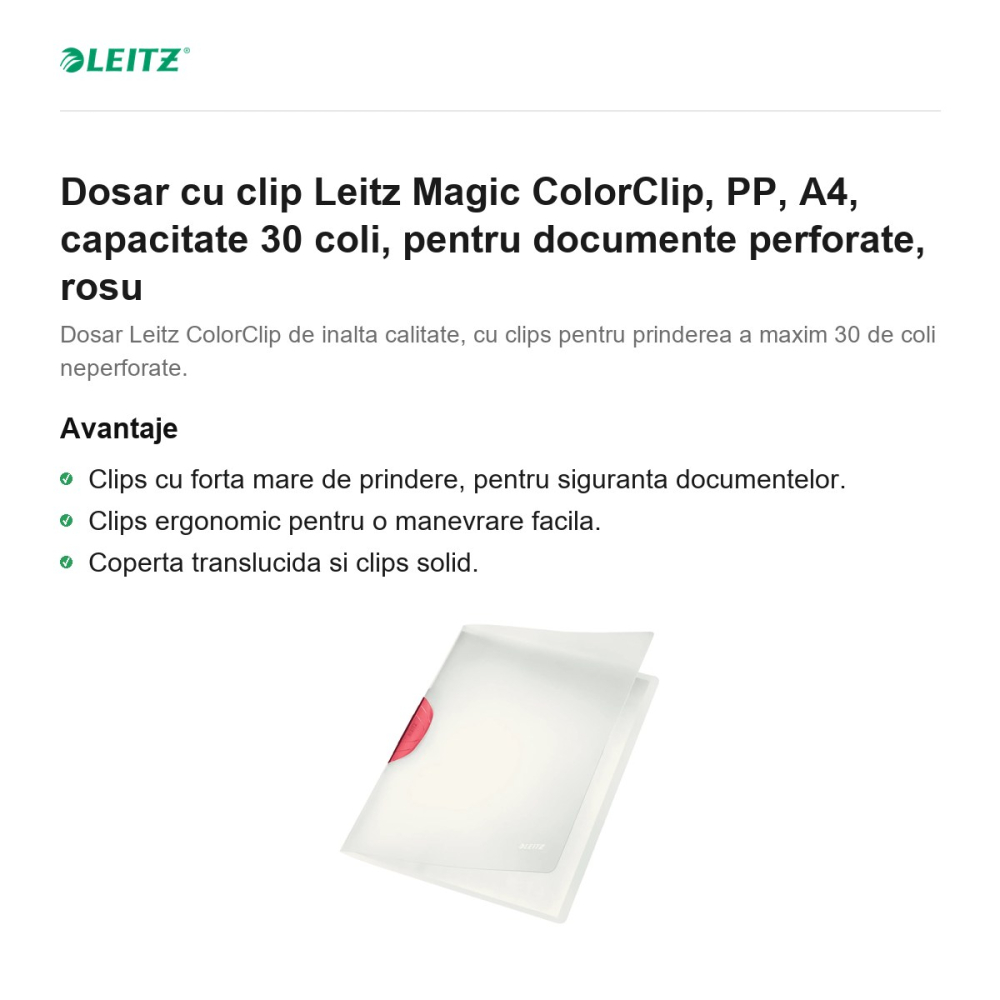 Dosar cu clip Leitz Magic ColorClip, PP, A4, capacitate 30 coli, pentru documente perforate, rosu [2]