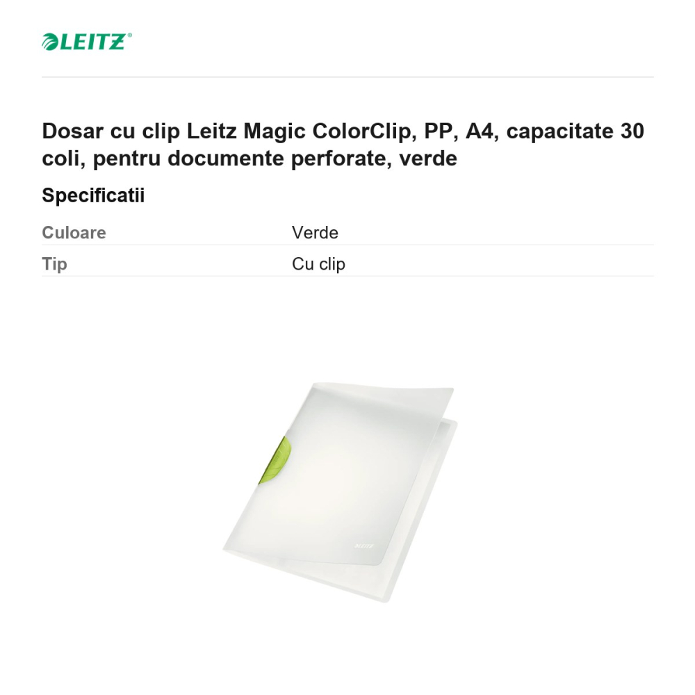 Dosar cu clip Leitz Magic ColorClip, PP, A4, capacitate 30 coli, pentru documente perforate, verde [3]