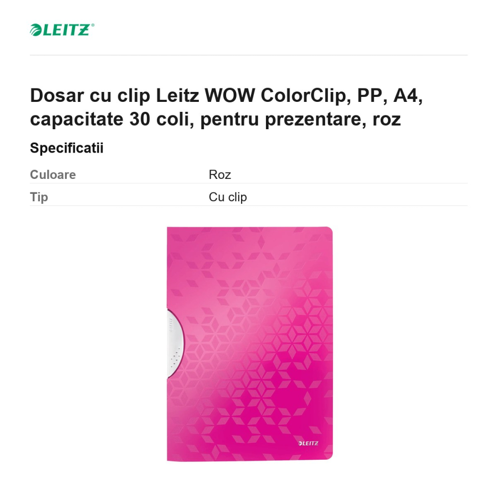 Dosar cu clip Leitz WOW ColorClip, PP, A4, capacitate 30 coli, pentru prezentare, roz [3]