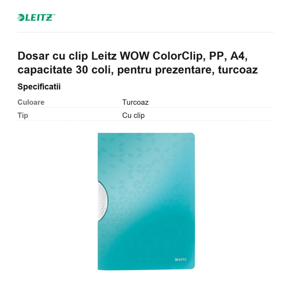 Dosar cu clip Leitz WOW ColorClip, PP, A4, capacitate 30 coli, pentru prezentare, turcoaz [3]