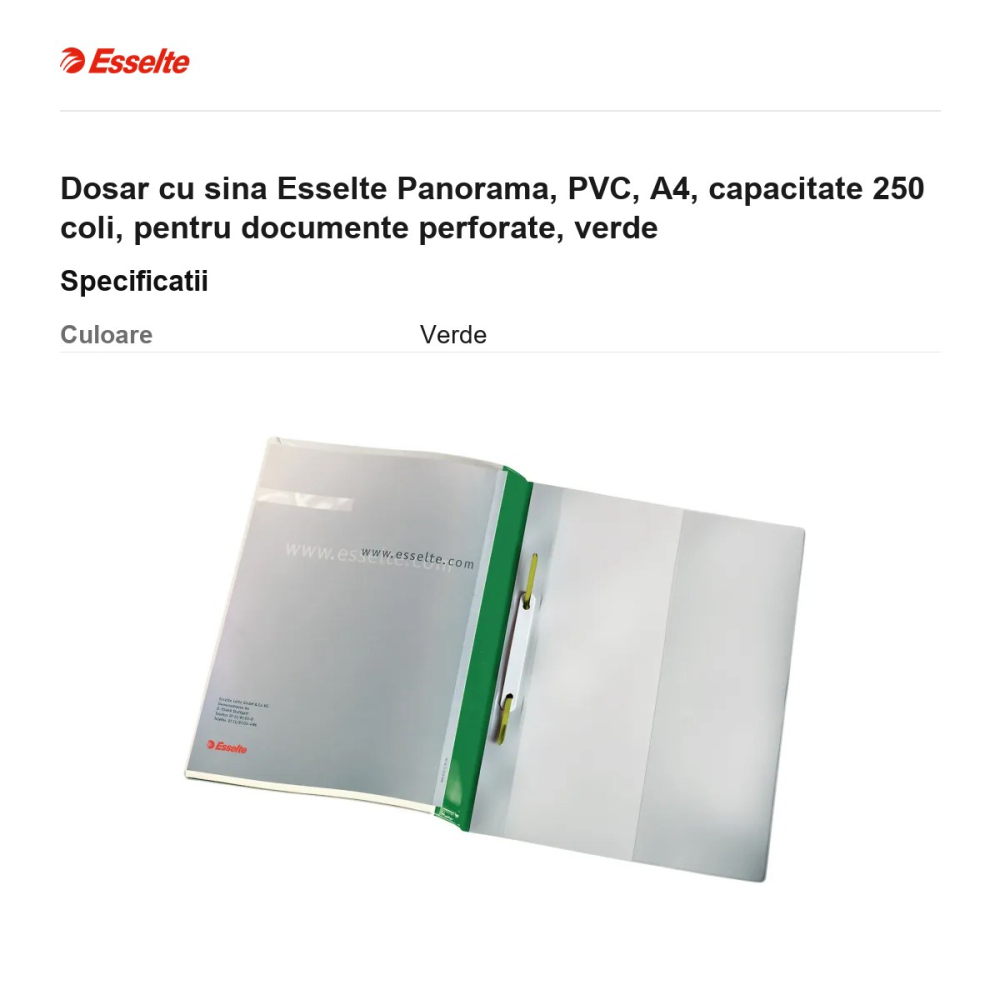 Dosar cu sina Esselte Panorama, PVC, A4, capacitate 250 coli, pentru documente perforate, verde [3]
