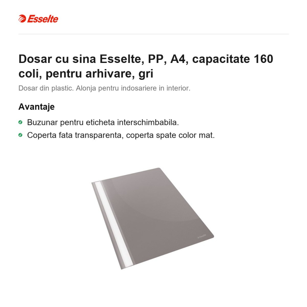 Dosar cu sina Esselte, PP, A4, capacitate 160 coli, pentru arhivare, gri [2]