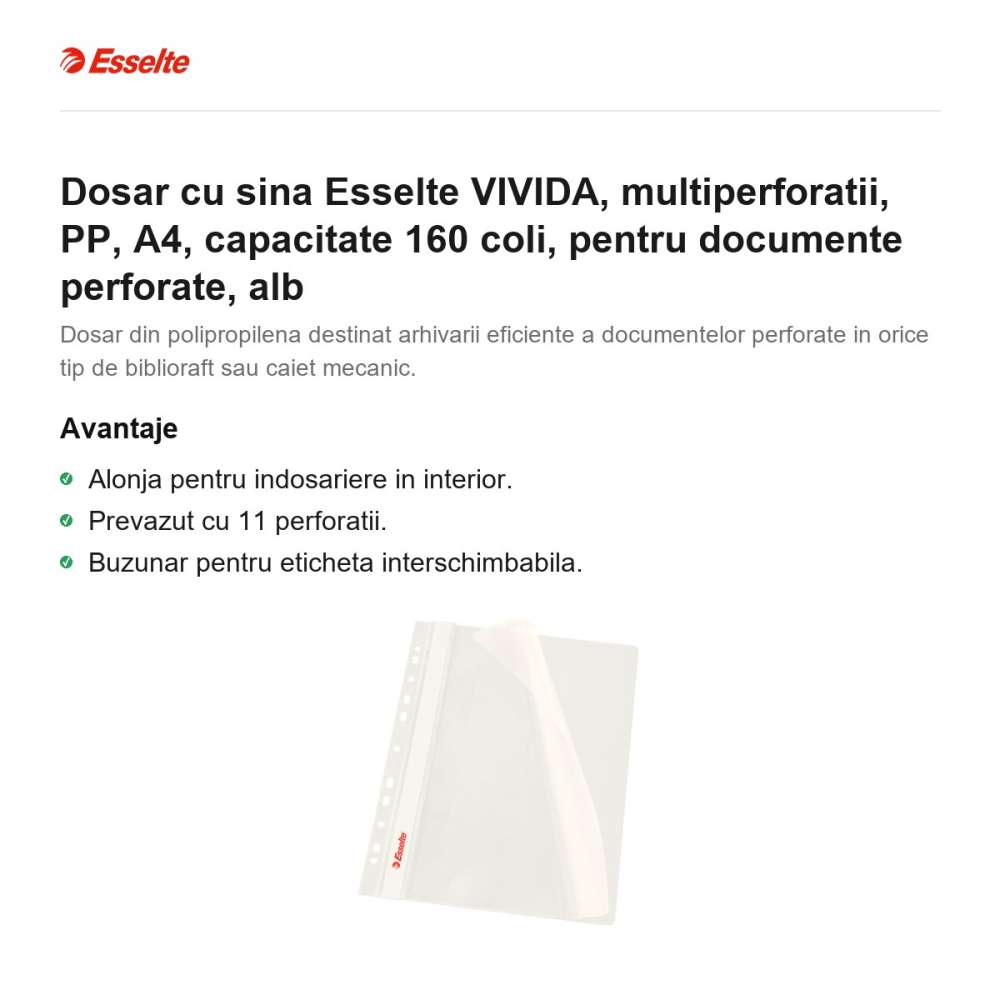 Dosar cu sina Esselte VIVIDA, multiperforatii, PP, A4, capacitate 160 coli, pentru documente perforate, alb [2]