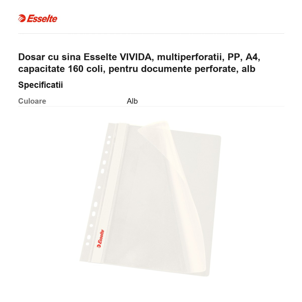 Dosar cu sina Esselte VIVIDA, multiperforatii, PP, A4, capacitate 160 coli, pentru documente perforate, alb [3]