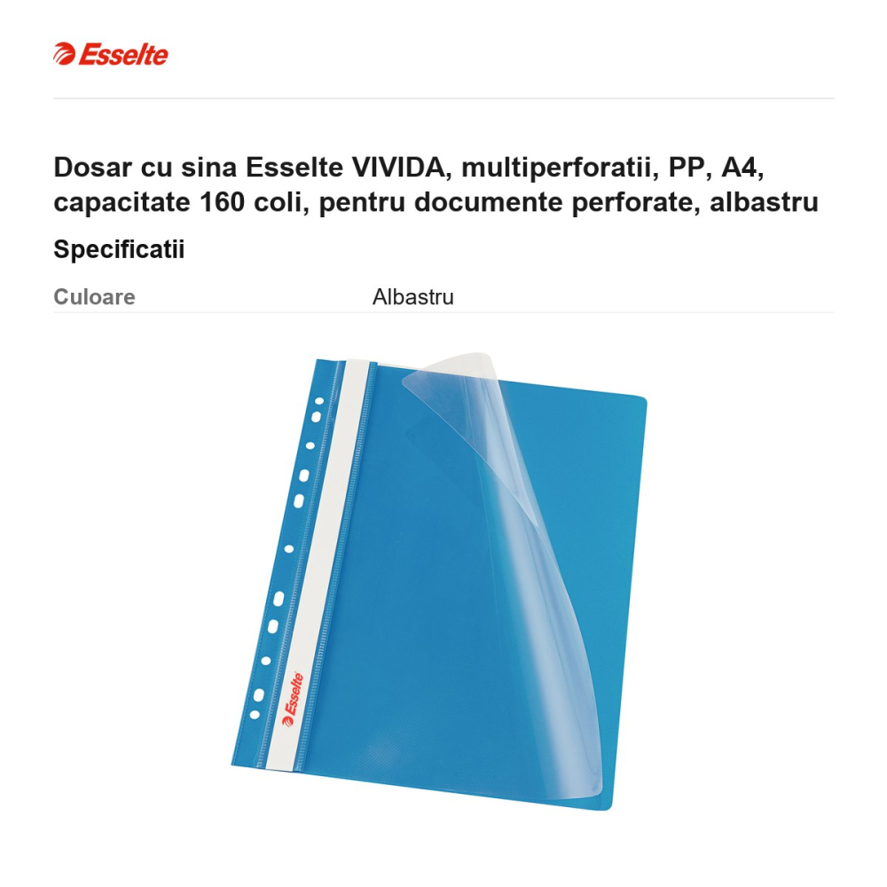 Dosar cu sina Esselte VIVIDA, multiperforatii, PP, A4, capacitate 160 coli, pentru documente perforate, albastru [3]