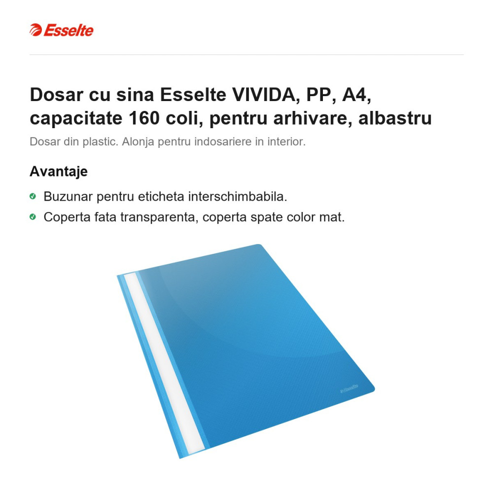 Dosar cu sina Esselte VIVIDA, PP, A4, capacitate 160 coli, pentru arhivare, albastru [2]