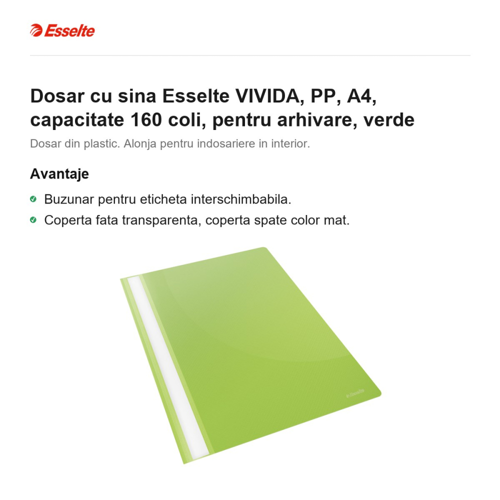 Dosar cu sina Esselte VIVIDA, PP, A4, capacitate 160 coli, pentru arhivare, verde [2]