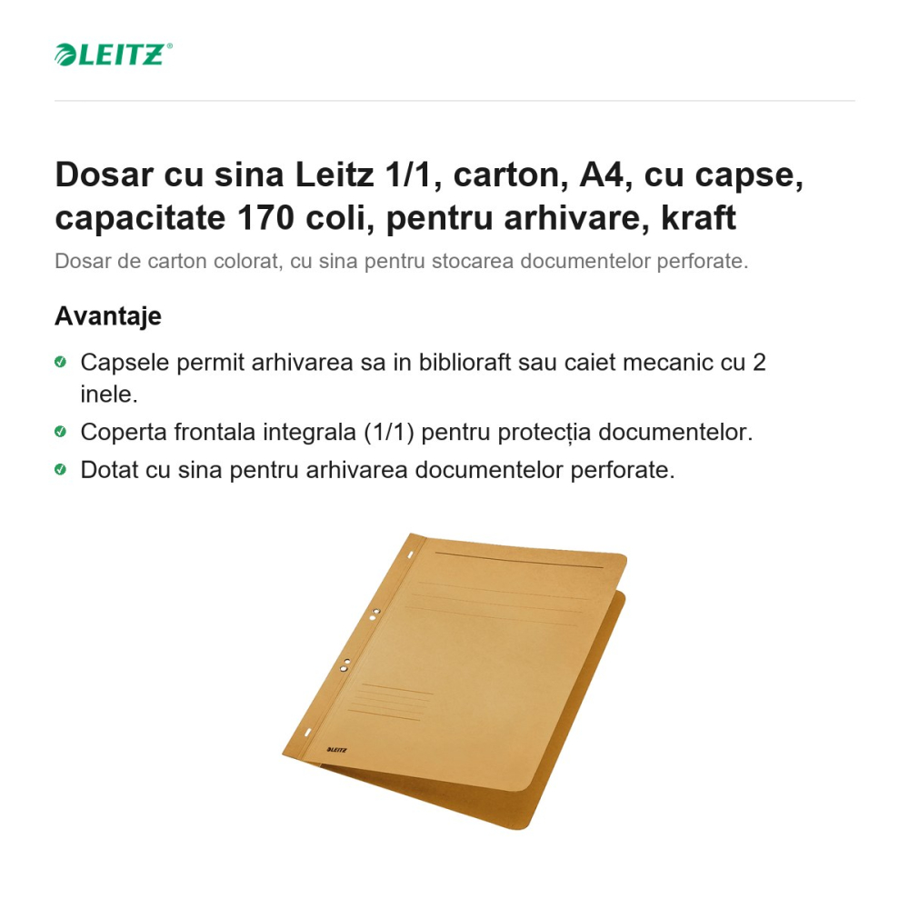 Dosar cu sina Leitz 1/1, carton, A4, cu capse, capacitate 170 coli, pentru arhivare, kraft [2]
