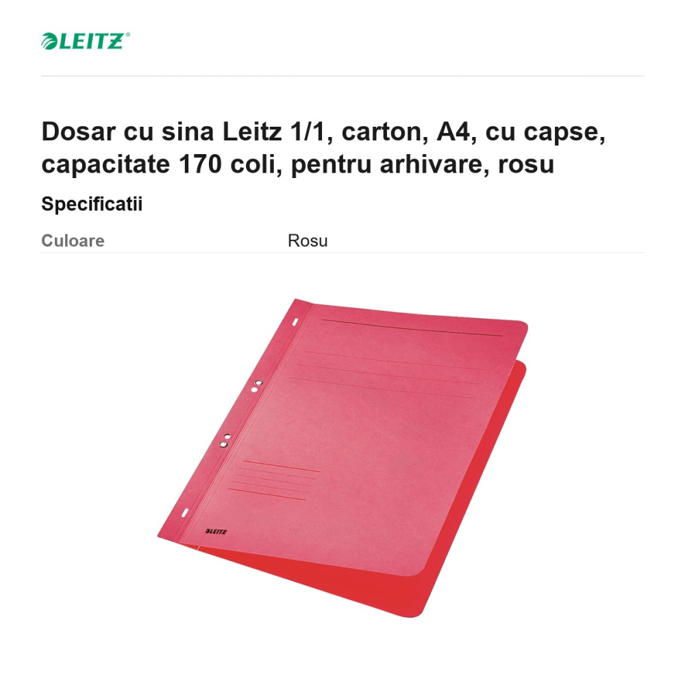 Dosar cu sina Leitz 1/1, carton, A4, cu capse, capacitate 170 coli, pentru arhivare, rosu [3]