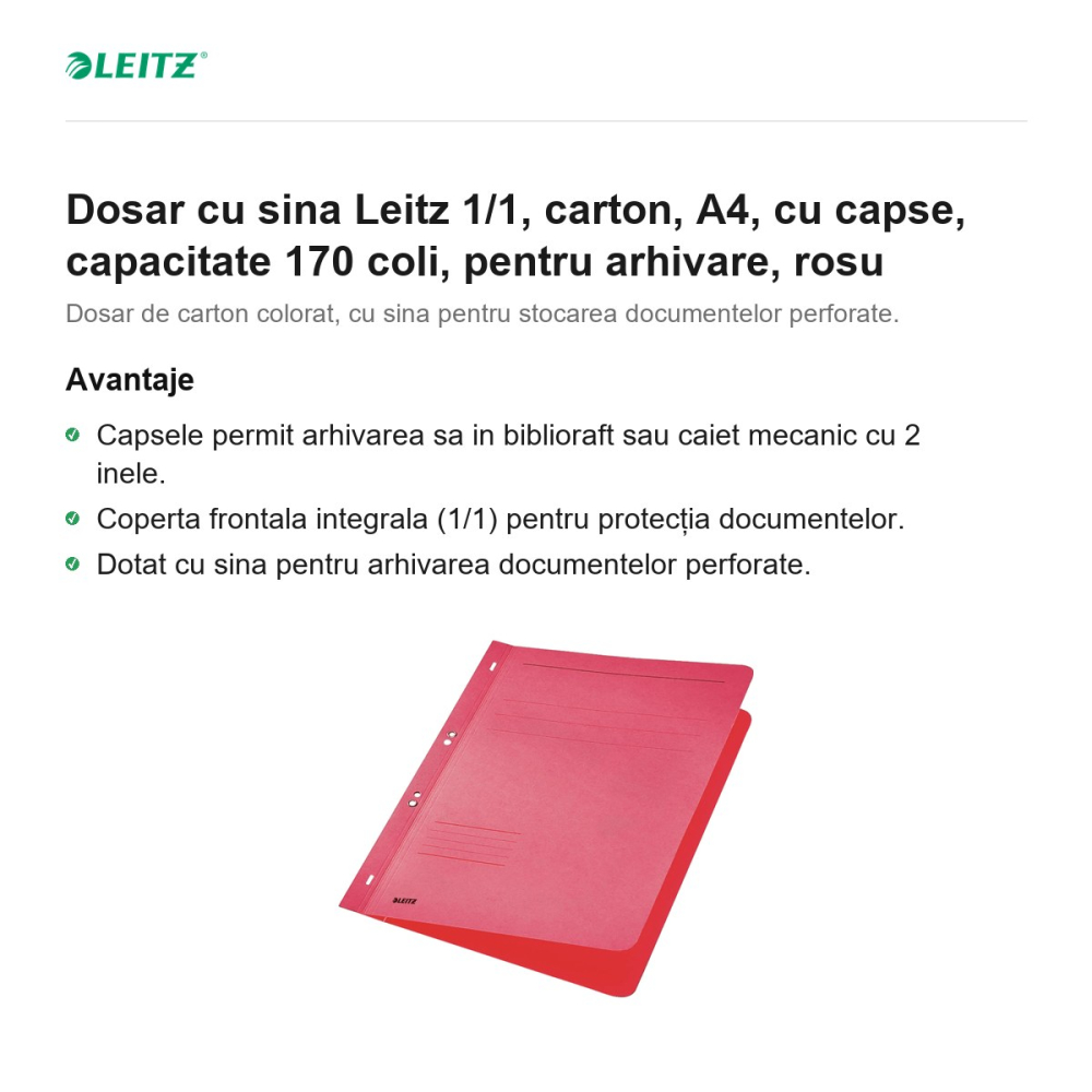 Dosar cu sina Leitz 1/1, carton, A4, cu capse, capacitate 170 coli, pentru arhivare, rosu [2]