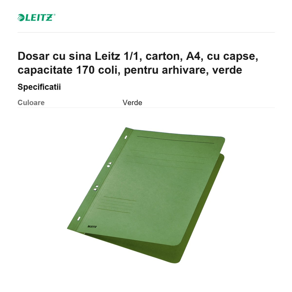 Dosar cu sina Leitz 1/1, carton, A4, cu capse, capacitate 170 coli, pentru arhivare, verde [3]
