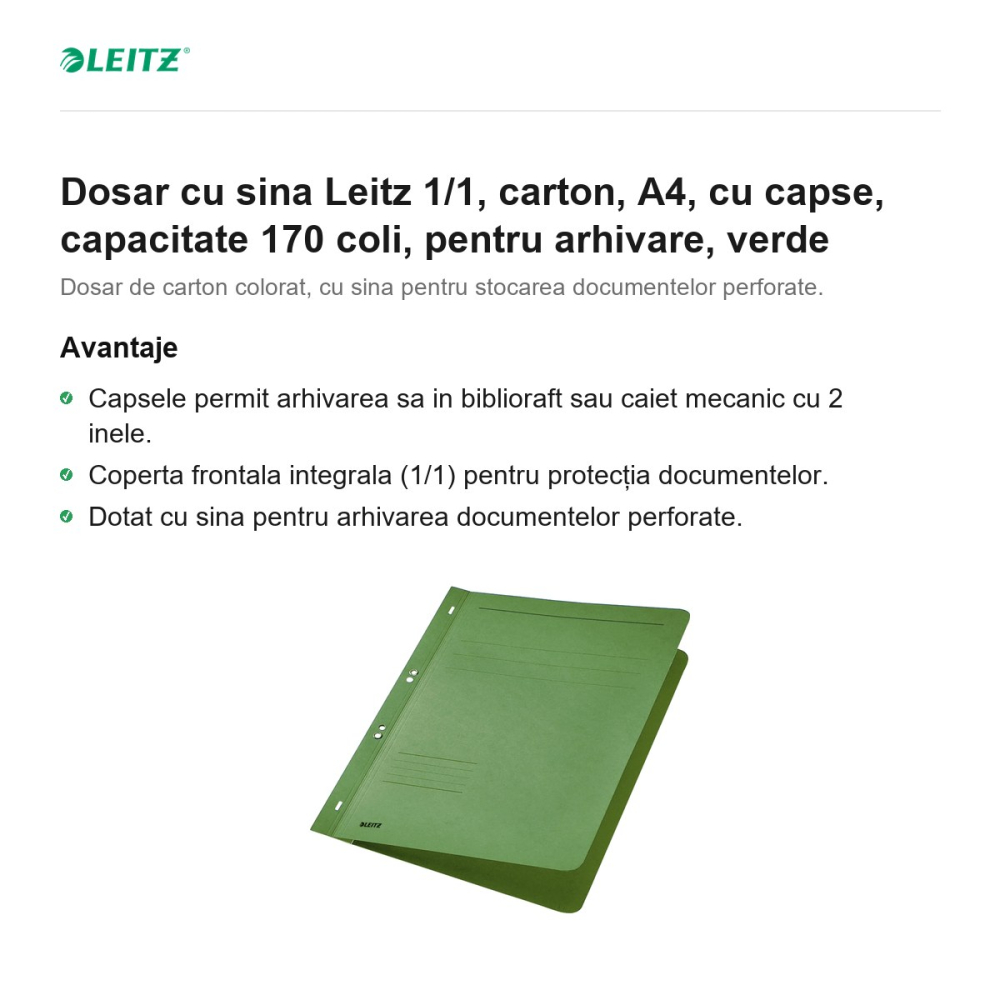Dosar cu sina Leitz 1/1, carton, A4, cu capse, capacitate 170 coli, pentru arhivare, verde [2]