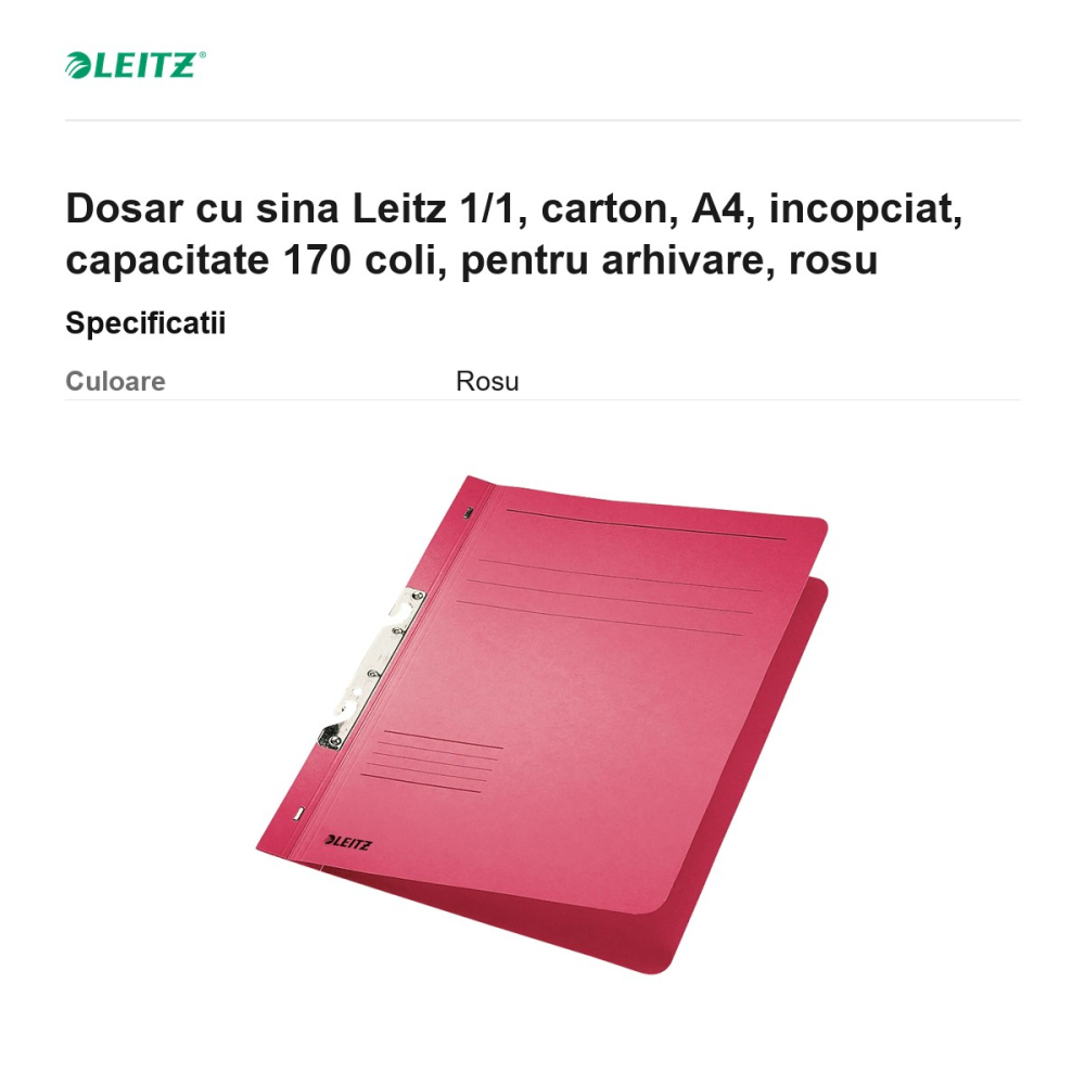 Dosar cu sina Leitz 1/1, carton, A4, incopciat, capacitate 170 coli, pentru arhivare, rosu [3]