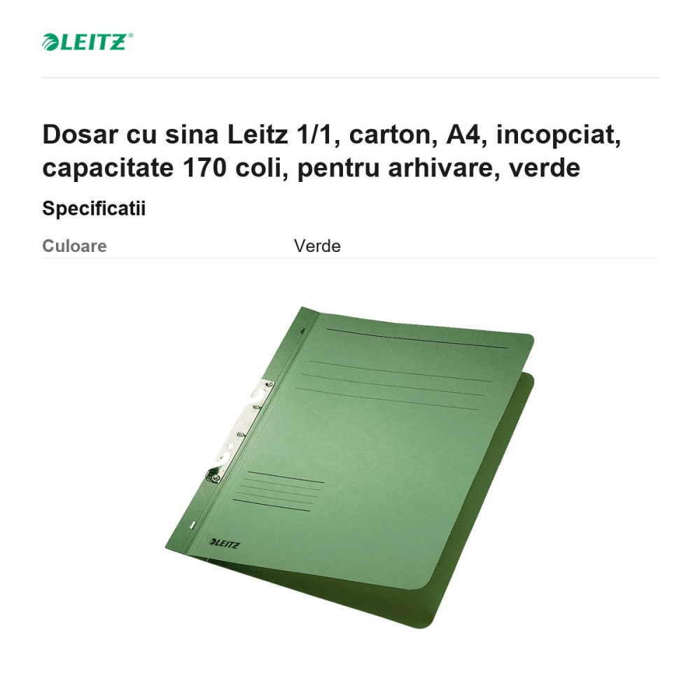 Dosar cu sina Leitz 1/1, carton, A4, incopciat, capacitate 170 coli, pentru arhivare, verde [3]