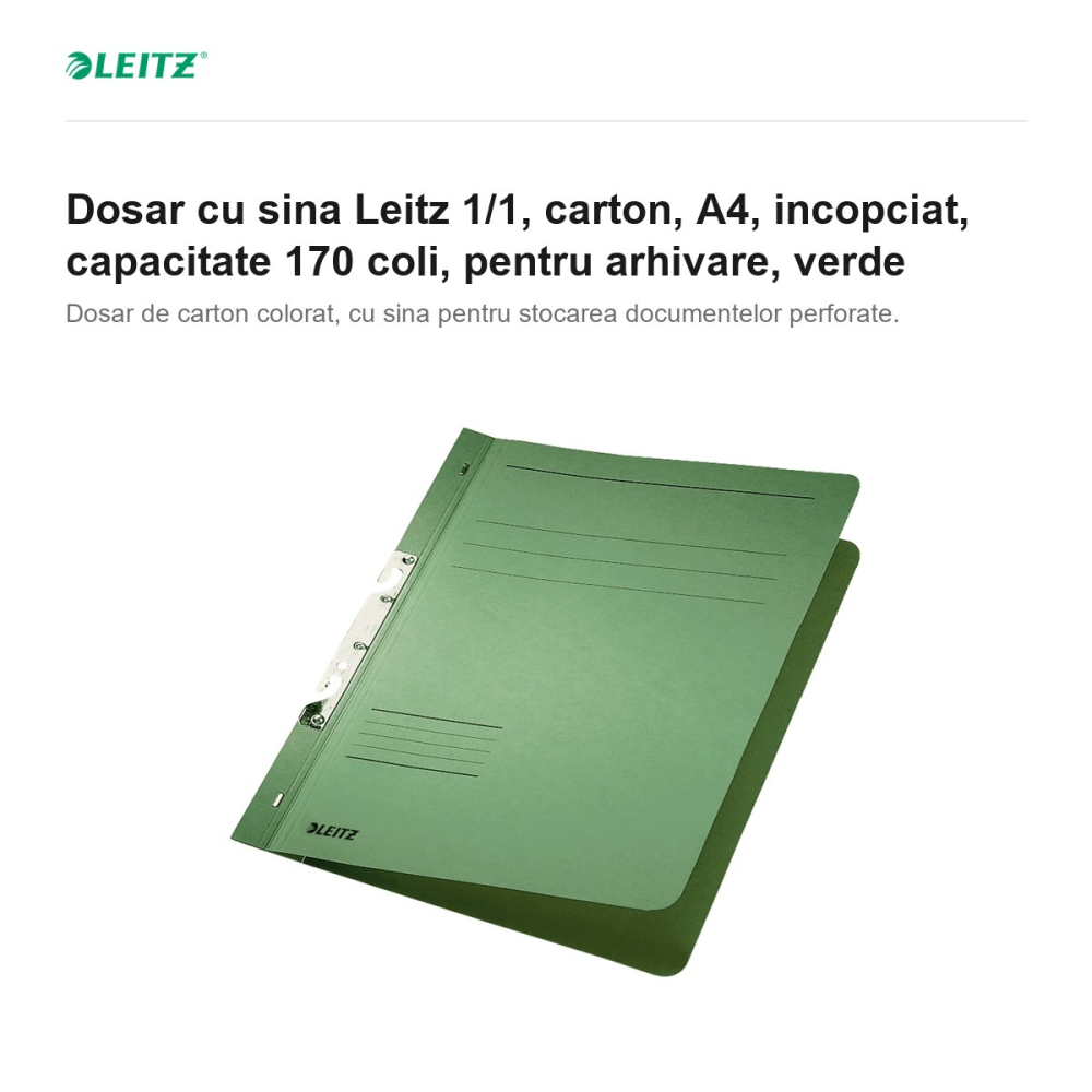 Dosar cu sina Leitz 1/1, carton, A4, incopciat, capacitate 170 coli, pentru arhivare, verde [2]