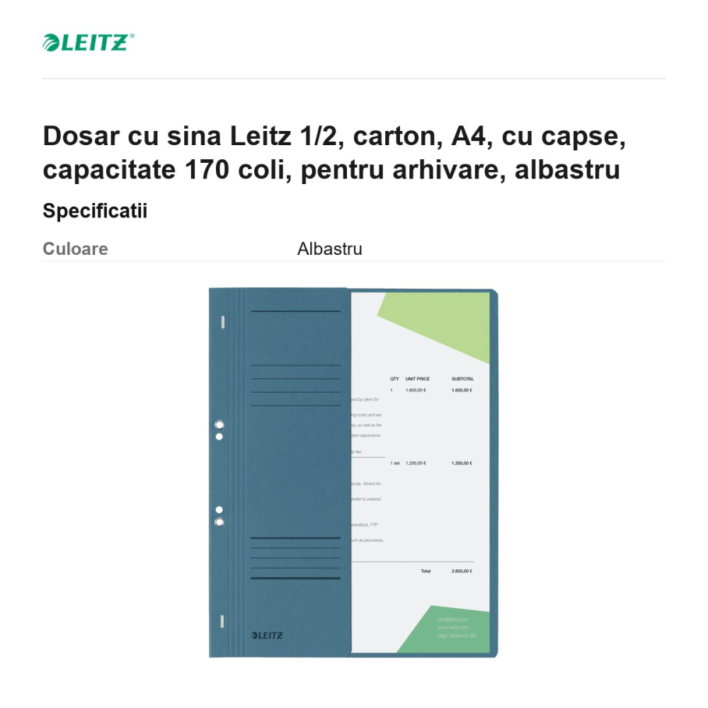 Dosar cu sina Leitz 1/2, carton, A4, cu capse, capacitate 170 coli, pentru arhivare, albastru [3]